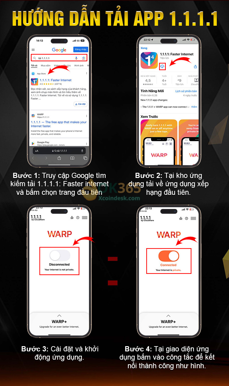 Cài đặt app 1.1.1.1 sẽ giúp bạn ẩn danh để truy cập vào OK365 an toàn, không bị theo dõi bởi nhà cung cấp dịch vụ viễn thông, đồng thời vượt chặn 